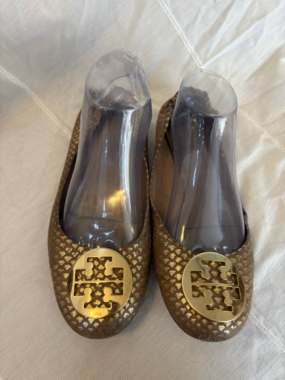 Tory Burch Reva Metallic Gold Snakeskin Print Ballet Flats size 9